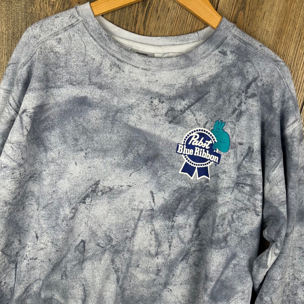 Pabst Blue Ribbon PBR Acid Wash Graphic Sweatshirt Comfort Colors Blue Large